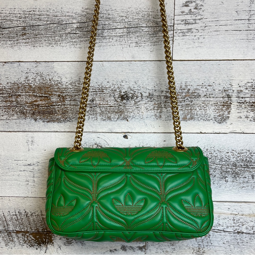 GUCCI x Adidas Green Marmont Purse Bag 443497 Leather Logo Gold Chain GG RARE - Picture 8 of 16